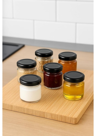 6 Adet 40 Ml Siyah Metal Kapaklı Şeffaf Numune Mama Ek Gıda Şekerleme Reçellik Küçük Cam Kavano