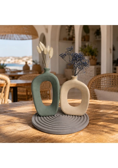 Momiko El Yapımı Modern Bohem Beton Vazo Seti Dekoratif Kemerli İkili Vazo & Yuvarlak Altlık Premium Seri Adaçayı-bej-vizon
