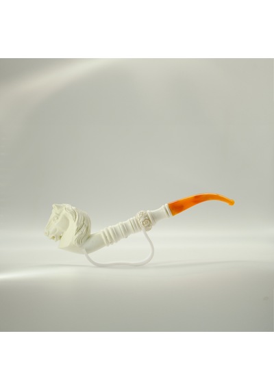 El Yapımı Lületaşı At Başlı Pipo 23 Cm Uzunluk, Akrilik Amber Ağızlık, Özel Oyma Meerschaum Pipo