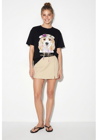 Shade Kadın Baskı Ve Payet Detaylı Fiyonklu Basic T-shirt 7643 60286115 - Siyah