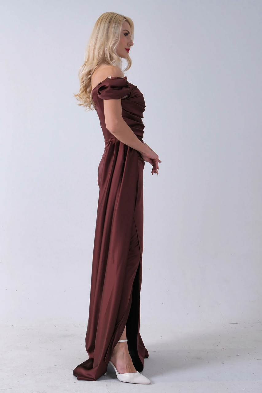 Feminist Kahve Drape Detaylı Saten Kumaş Abiye Elbise 9704858.05 Kahve