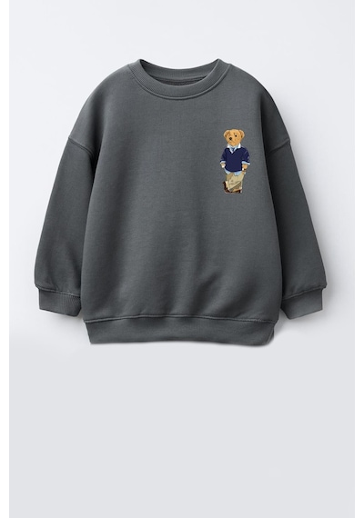 Monila Unisex Çocuk Ayıcık Baskılı 3 İplik Pamuklu Kumaş Sweatshirt Antrasit