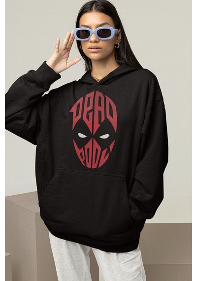 Sevbano Tasarım Deadpool Maske Baskılı Unisex Oversize Hoodie Siyah
