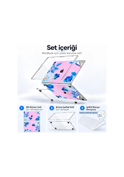 Macbook Pro 13 İnç Kristal Parlak Şeffaf Sert Kılıf Hard Case A2338 M1 M2 A2251 A2289 Uyumlu + Desenli 3m Sticker + Şeffaf Klavye Koruyucu 3'lü Set Lila Belirtilmemiş