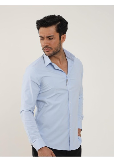 Dufy Mavi Erkek Slim Fit Düz Klasik Yaka Uzun Kol Gömlek - 88174 Mavi