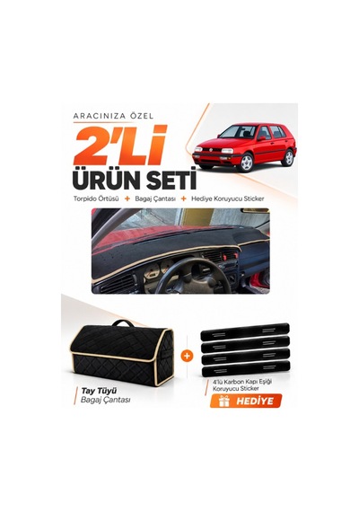 E-biz Volkswagen Golf 3 1991-1997 Uyumlu Torpido Örtüsü + Tay Tüyü Çanta - Siyah-bej - Vw008