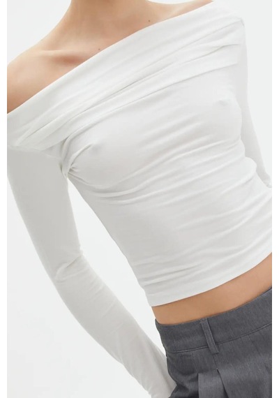 Seeh Beyaz Kayık Yaka Büzgülü Kadın Body Sh225