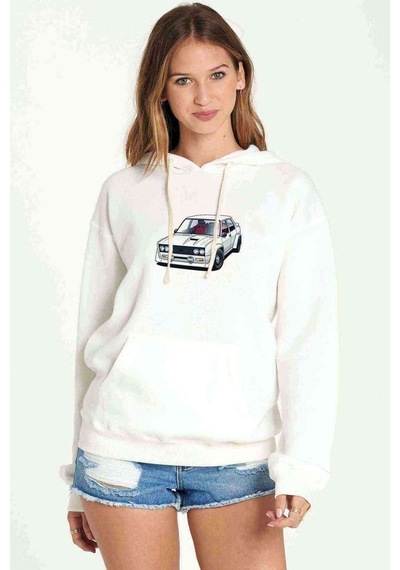 Fiat 131 Abarth Rally Baskılı Beyaz Kadın Kapşonlu Sweatshirt