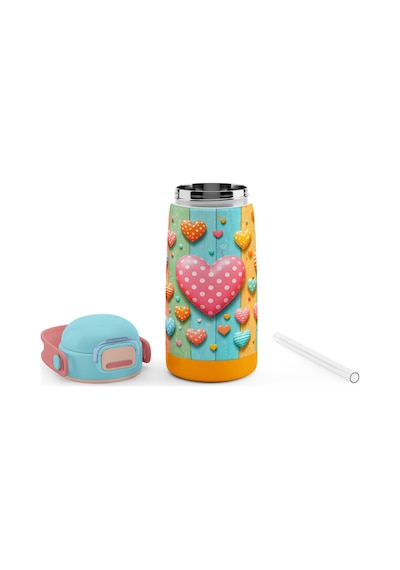 Puccon 420 Ml Kız Çocuklar İçin Paslanmaz Çelik Okul Matarası - 60014 - Kalp Desenli - Pastel Renkli Turkuaz - Pembe