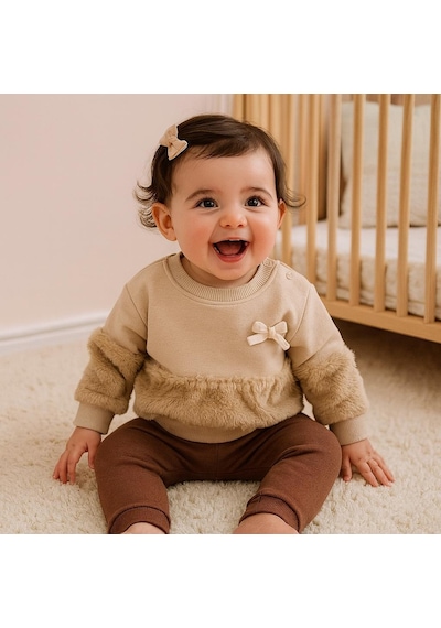 Alpbebe Kelebek Fiyonk Detaylı Belde Ve Kolda Peluş Detaylı Kışlık 2 Parça Takım Kahverengi
