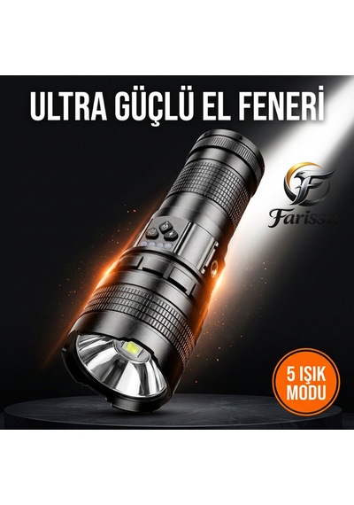 R301 Ultra Güçlü 200w Şarjlı El Feneri - 18650 Model Yedek Pilli Set, 3000m Menzil, Powerbank Özellikli Siyah