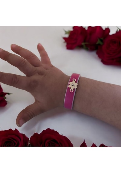 X Harfine Özel Çiçek Motifli Doğal Pembe Derili 14 Ayar Altın Plakalı Hediye Bileklik-383harf X