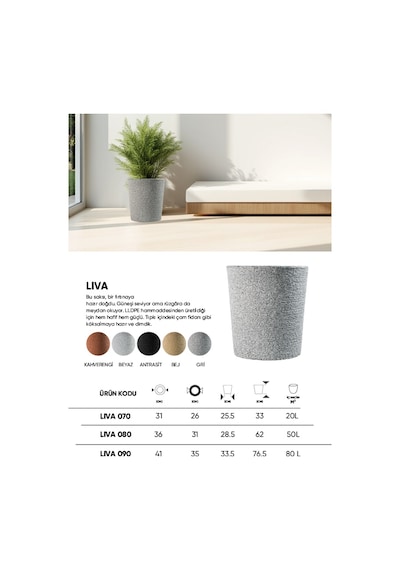 Bostann Dekoratif Saksı - Lıva 080 - 50l - Antrasit