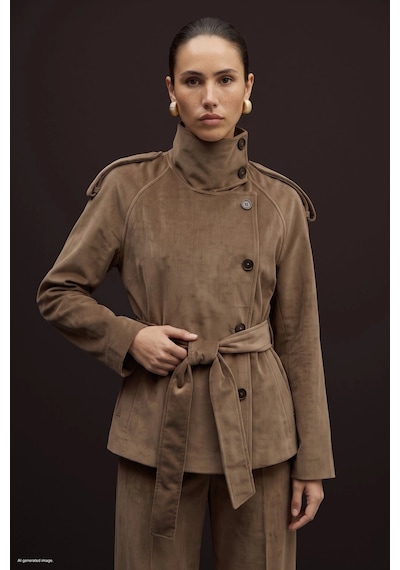 Sateen Dik Yaka Kadife Kısa Ceket Camel
