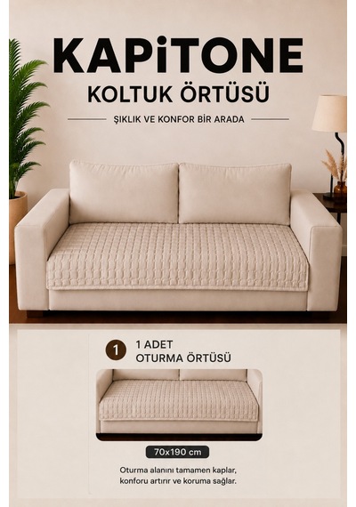 Kare Desenli Tek Parça Kaymaz Taban Kapitone Koltuk Örtüsü Çekyat Kanepe Örtüsü 70x190 Krem Krem