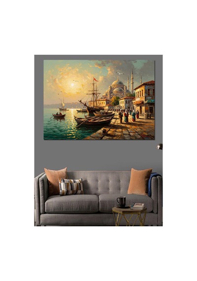 Deniz Kıyısında Cami Ve Gemiler Yağlı Boya Dokulu Kanvas Tablo Canvas Tablosu