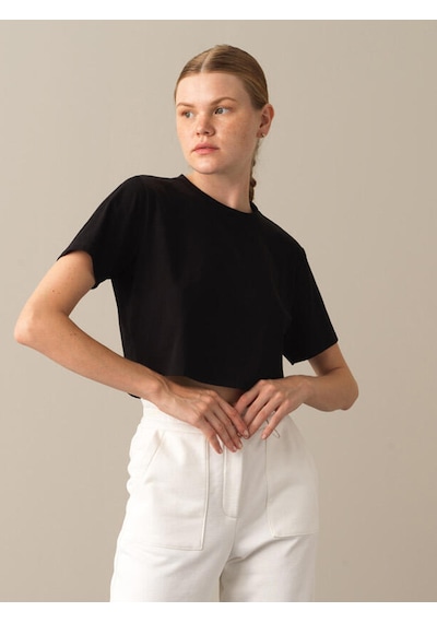 Xint Siyah Regular Fit Bisiklet Yaka Pamuklu Modal Crop 602268