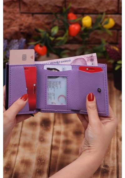 Özka Leather Suni Deri Mekanizmalı Vegan Deri Kartlık Cüzdan Portföy Lila Siyah