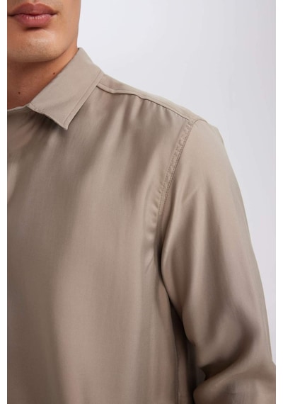 Defacto Relax Fit Polo Yaka Twill Modal Karışımlı Basic Düz Uzun Kollu Gömlek D3376AX24AUKH466 Haki