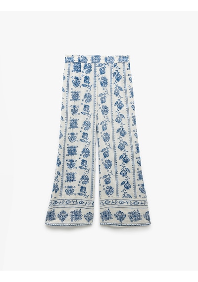 Koton Beli Lastikli Çiçekli Geniş Paça Viskon Pantolon Mavi Desenli 5sal40069ıw