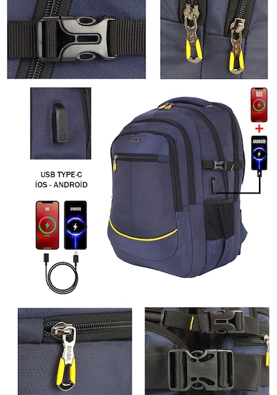 Dada 09 17,3 inç Lacivert Laptop Sırt Çantası 60 Litre Usb Typc-E Aparat Darbe Emici Koruma
