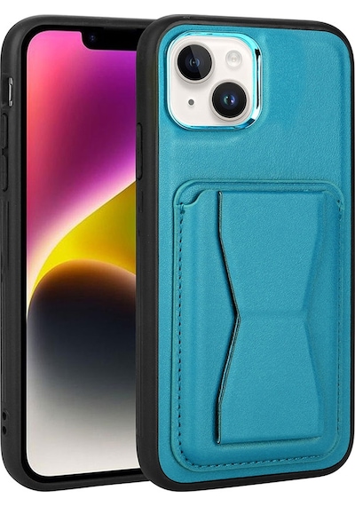 Kilifone - Apple Uyumlu iPhone 14 Plus - Kılıf Kart Bölmeli El Tutacaklı Stand Olan Pu Deri Memo Kapak - Mavi