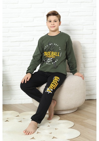 Modanino Erkek Çocuk Pijama Takımı %100 Pamuk İnterlok Kumaş 12447 Haki