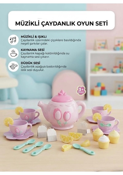 25 Parça Müzikli Çay Partisi Evcilik Oyun Seti Eğitici Ve Eğlenceli Rol Oyunu