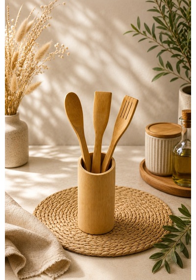 Tezgah Masa Üstü Bambu Kaşıklık Organizer Çok Amaçlı Düzenleyici 6 16cm Kaşık Hediyeli Sarı