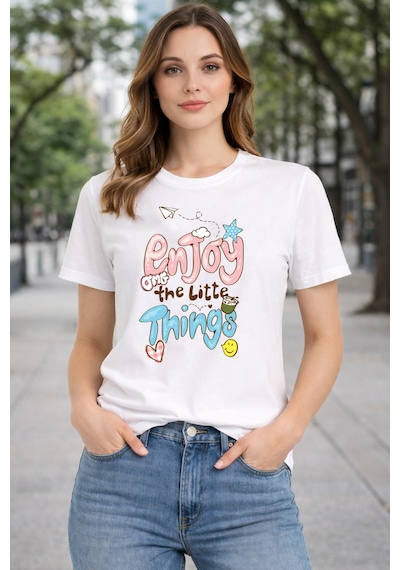 Herkesemoda Enjoy Things Yazı Detaylı Basic T-shirt Beyaz