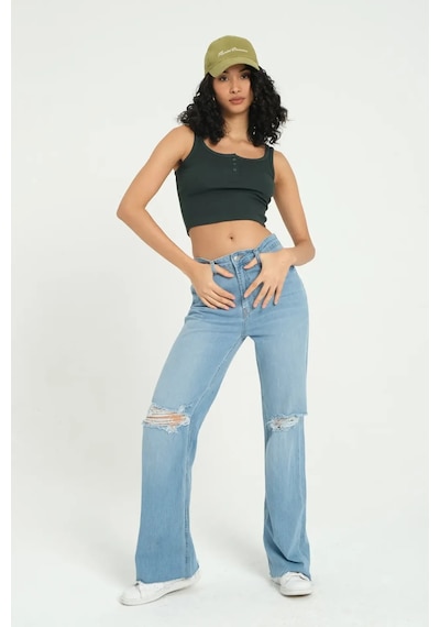 Hiccup Kare Yaka Fitilli Düğmeli Tank Top Orman Yeşili