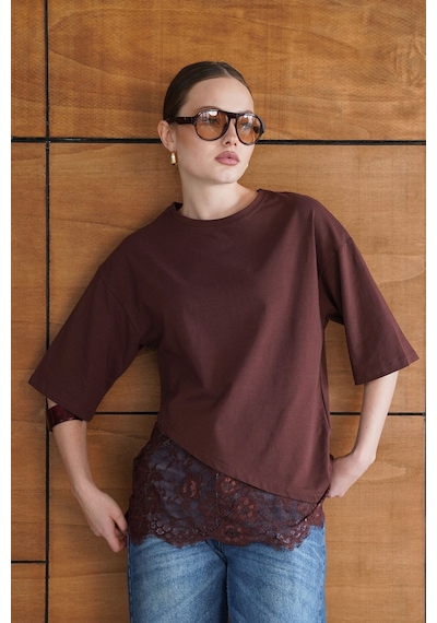 Verymoda Dantel Detaylı Asimetrik Tişört D2953 Kahve