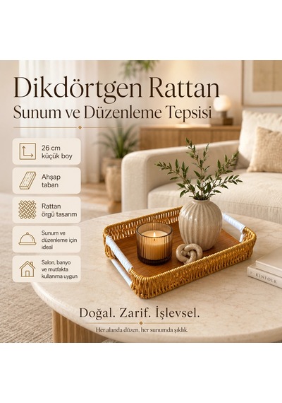 Dikdörtgen Rattan Küçük Boy Sunum Ve Düzenleme Tepsisi - 26 Cm