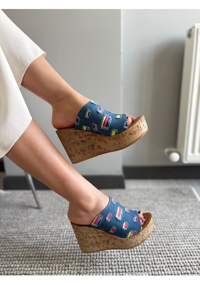Asmi Shoes Kadın Limo Mavi Kot Dolgulu Mantar Taban Terlik 10 Cm Mavi