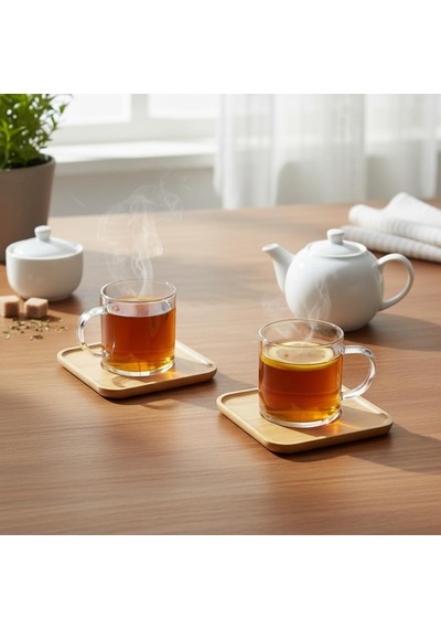 Bambu Tabaklı 2'li Cam Fincan Seti 150 Ml - Yuvarlak/kare Seçenekli Borosilikat Bitki Çayı Ve Double Kahve Fincanı Kare Tabaklı Çok Renkli