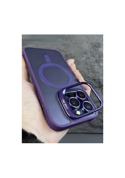 Fibaks iPhone 14 Pro Max Uyumlu Kılıf Standlı Mat Magsafe Metal Tuşlu Kamera Lens Hediyeli Wonk Kapak Mor