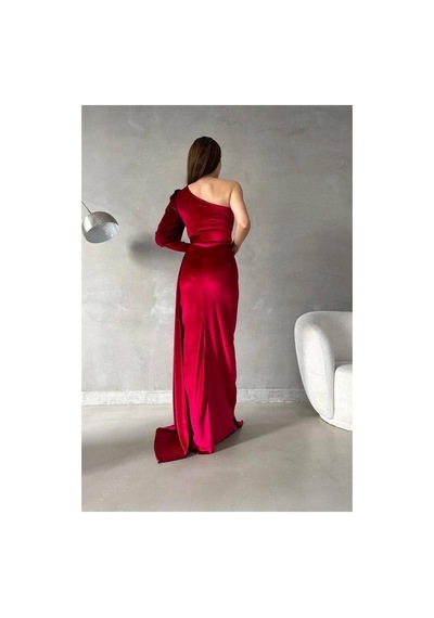 Lior Design Kadın İnce Kadife Kumaş Tek Omuz Kemerli Maxi Abiye Elbise Kırmızı