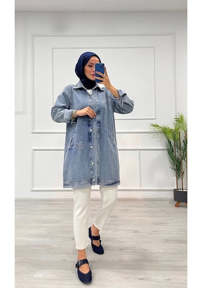 Taşlı Tunik Ceket Kar Yıkamalı Mavi D2516 Mavi