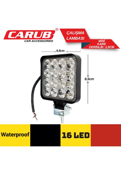 2 Adet Kare Led Sis Farı Mini Çalışma Lambası 16 Led Kare 8,5x8,5x1,5cm Su Geçirmez 48walt 12volt-24volt