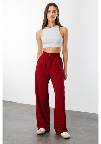 Genius Store Kadın Pileli Kumaş Yüksek Bel Palazzo Pantolon Pantolon-002 Bordo