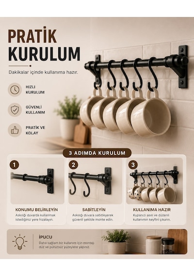 Siyah Metal 6 Kancalı Duvar Askılığı – Vidalı Mutfak & Banyo Askı Borusu, Dayanıklı Ferforje Tasarım