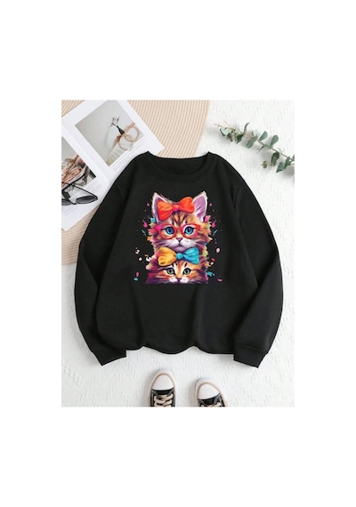 Magors Stıl-x Sevgililer Gününe Özel Renkli Kedi Baskılı Bisiklet Yaka Oversıze Unısex Sweatshırt Siyah Magors Stıl-x Sevgililer Gününe Özel Renkli Kedi Baskılı Bisiklet Yaka Oversıze Unısex Sweatshırt Siyah
