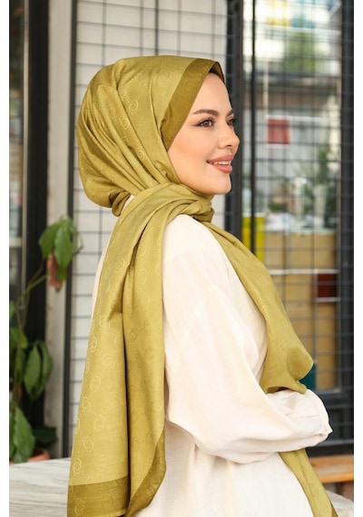Premium Lux Original Monogram Şal İpek Vual, Yüksek Kalite, Hafif, Rahat, Şık, Tesettür, Shawl Yağ Yeşili
