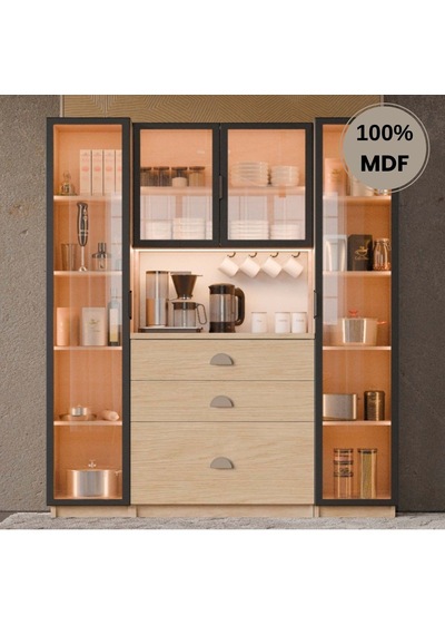 Ladin Mdf Kahve Köşesi Dolabı 4 Kapak Çekmeceli Işıklı Bej