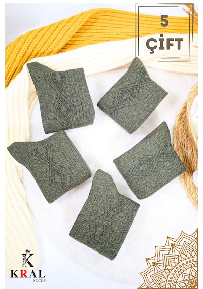 Kral Socks Erkek Kışlık Termal Etkili 5'li Paket Lambswool Kuzu Yün Çorap Haki
