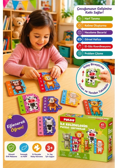 Puedo İlk Kelimelerim Eva Puzzle Hayvanlar 41 Parça Eğitici 3+ Çocuk Oyuncak Seti