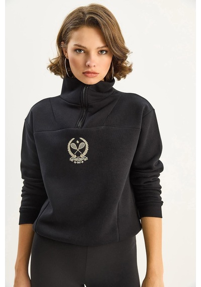 Shade Kadın Dik Yaka Yarım Fermuarlı İçi Polarlı Crop Sweatshirt 1808 60283713 - Siyah