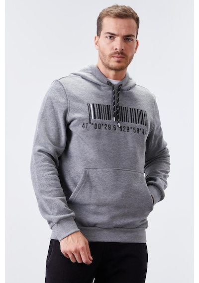 Tommy Life Gri Melanj Nakışlı Kanguru Cep Standart Kalıp Kapüşonlu Erkek Sweatshirt - 87839 GRİ MELANJ