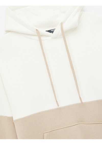 Koton Kapşonlu Renk Bloklu Pamuklu Şardonlu Oversize Kanguru Cepli Hoodie Bej 6wam70033mk Ekru
