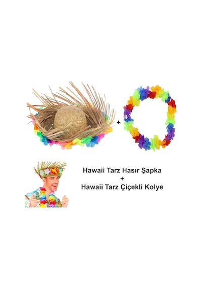 Hawaii Tarzı Tropikal Çiçekli Hasır Şapka Ve Çiçekli Hawaii Kolye Sarı